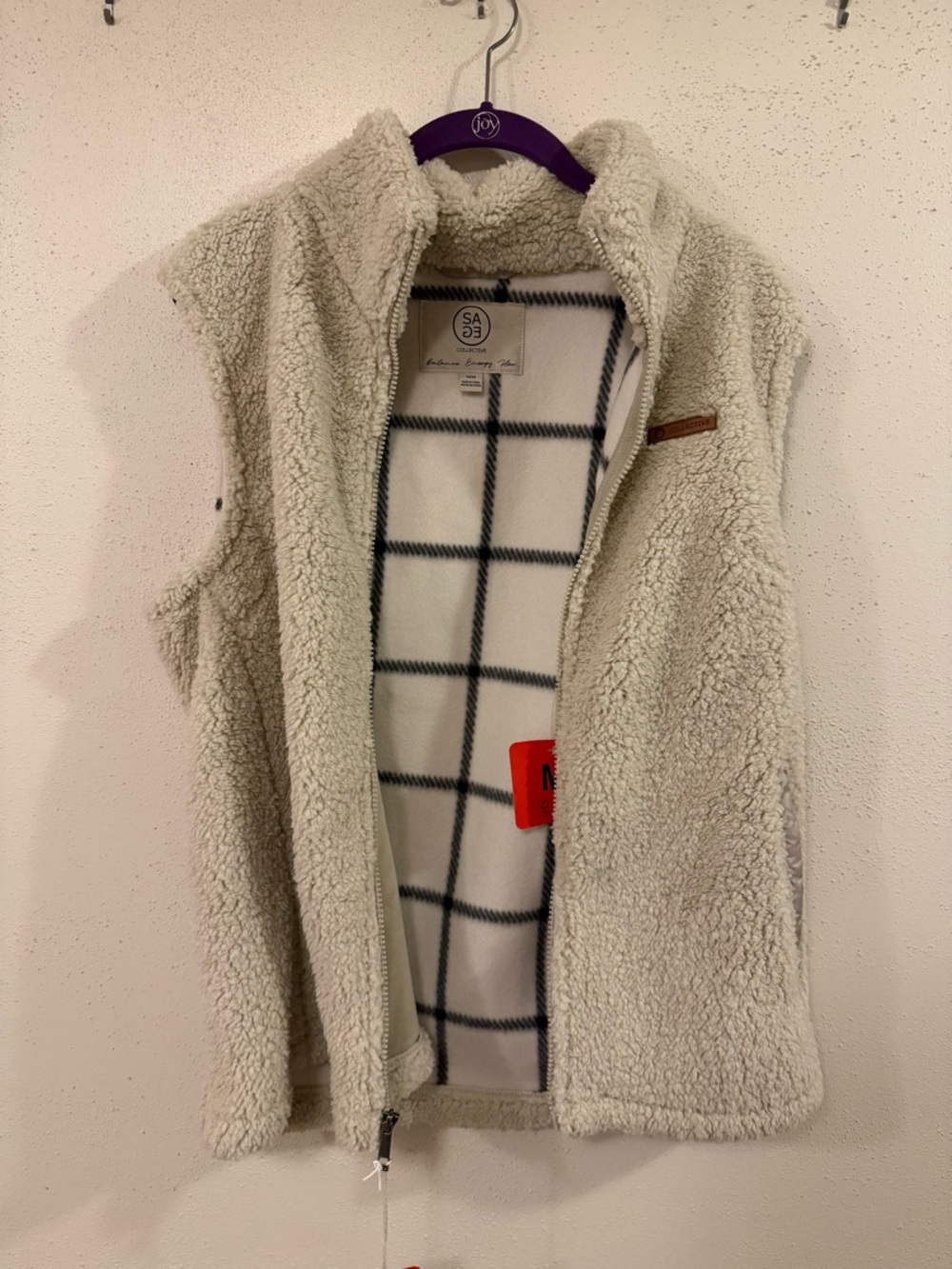 Cozy Ivory Sherpa Vest with Plaid Lining - Size S/M